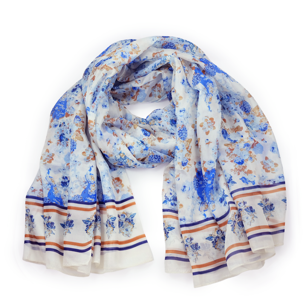 White & Blue Floral Print Neck Scarf - 100% Silk