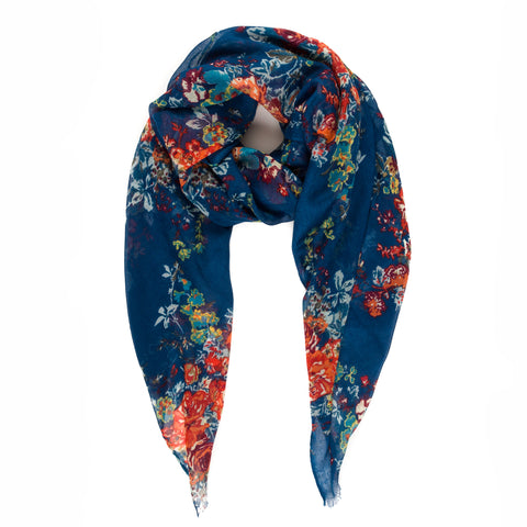 Spanish Design Printed Viscose Scarf (Navy Flower)